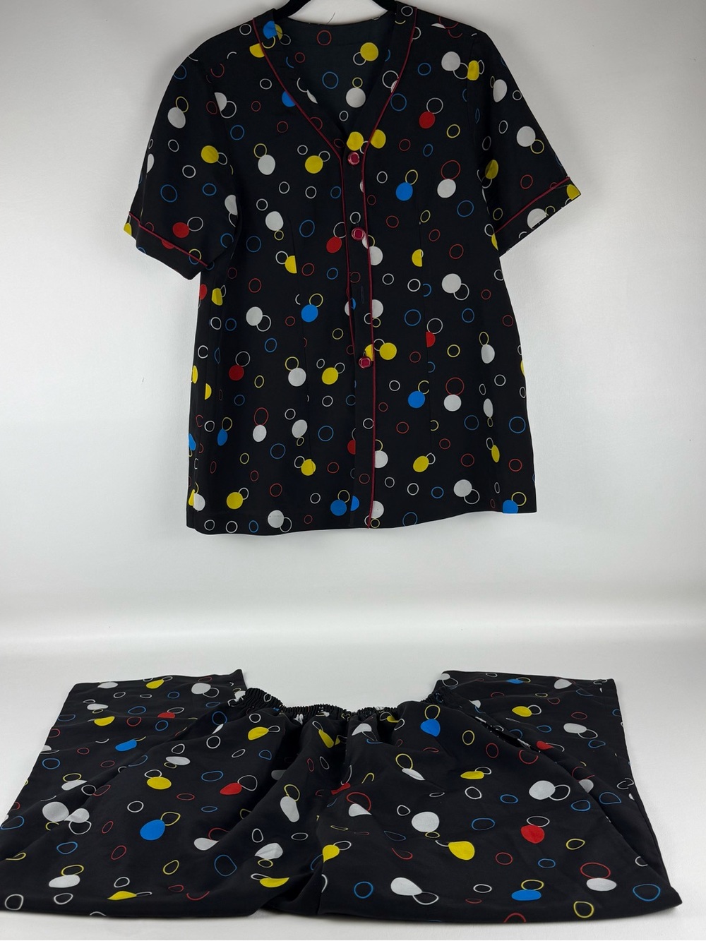 Vintage 80s Colorful Geometric Polka Dot Pant Set Black Red Yellow Blue